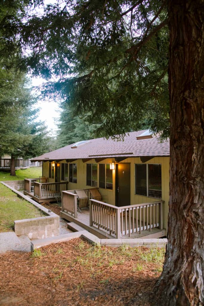 A two unit yellow cabin with back patios, red roofing, and sky lights, as soon from a slightly elevated section