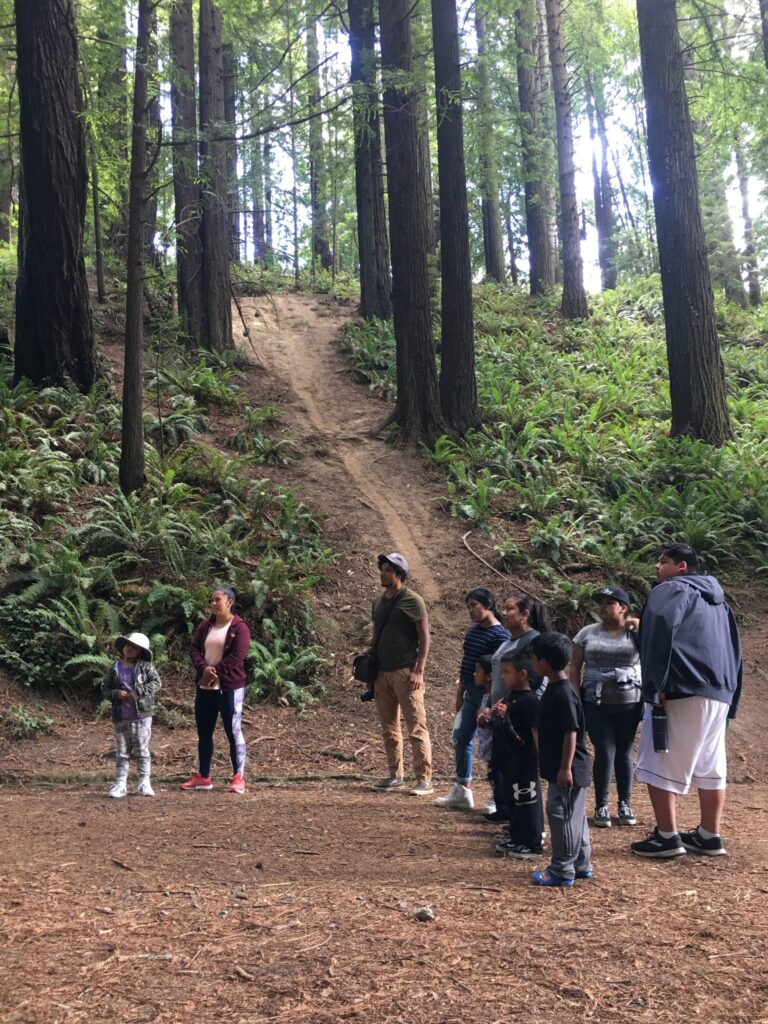 a group looks off toward the left as they stand in a clearing in front of a slope that leads into a more forested area