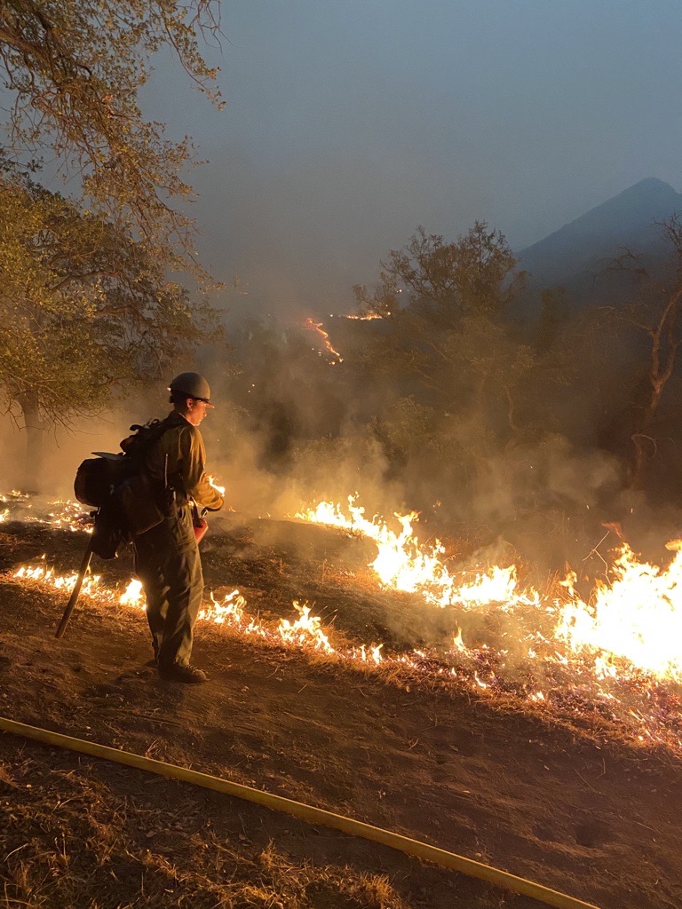 a firefighter stands facing a downward slope to their right, with fire on the ground at dusk