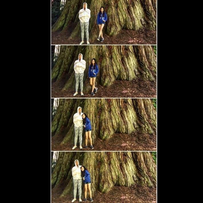Four images of two children standing together in front of the base of a giant coast redwood, with a black border along the sides of the images, and white borders between each image, which stacks vertically over another