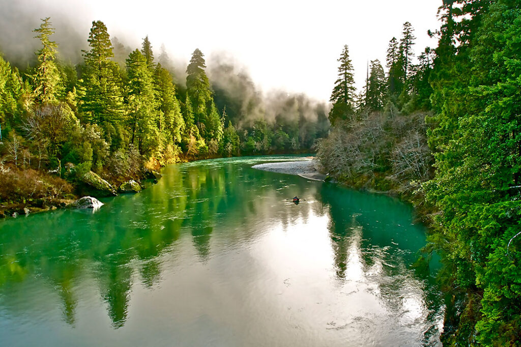 a river travels between two sections of forest, with tree reflections seen clearly in still water