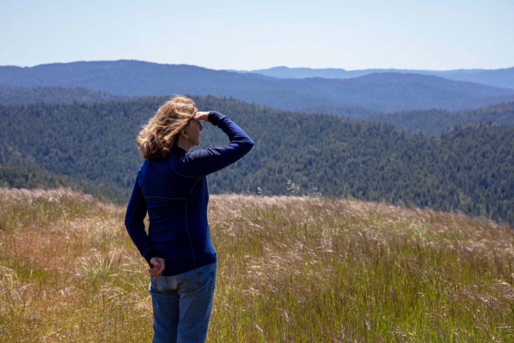 woman overlooking scenic view of redwood studded mountains