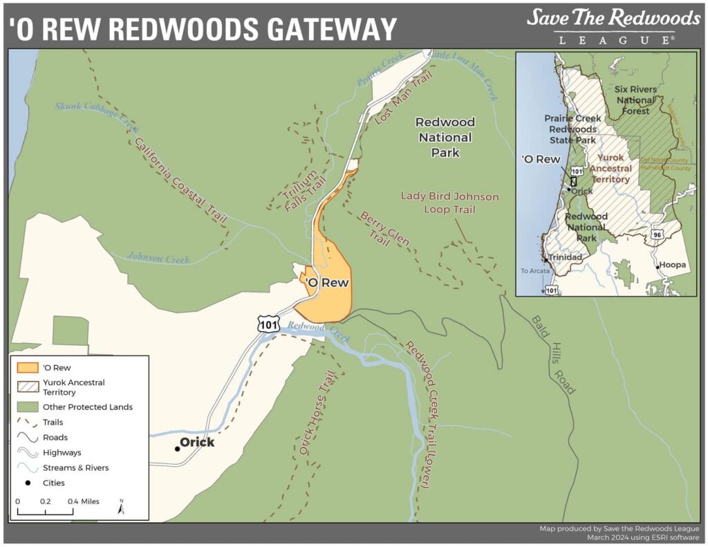 a map showing an enlarged area close to six rivers national forest, with "'O Rew" highlighted in orange, and Yurok ancestral territory marked out