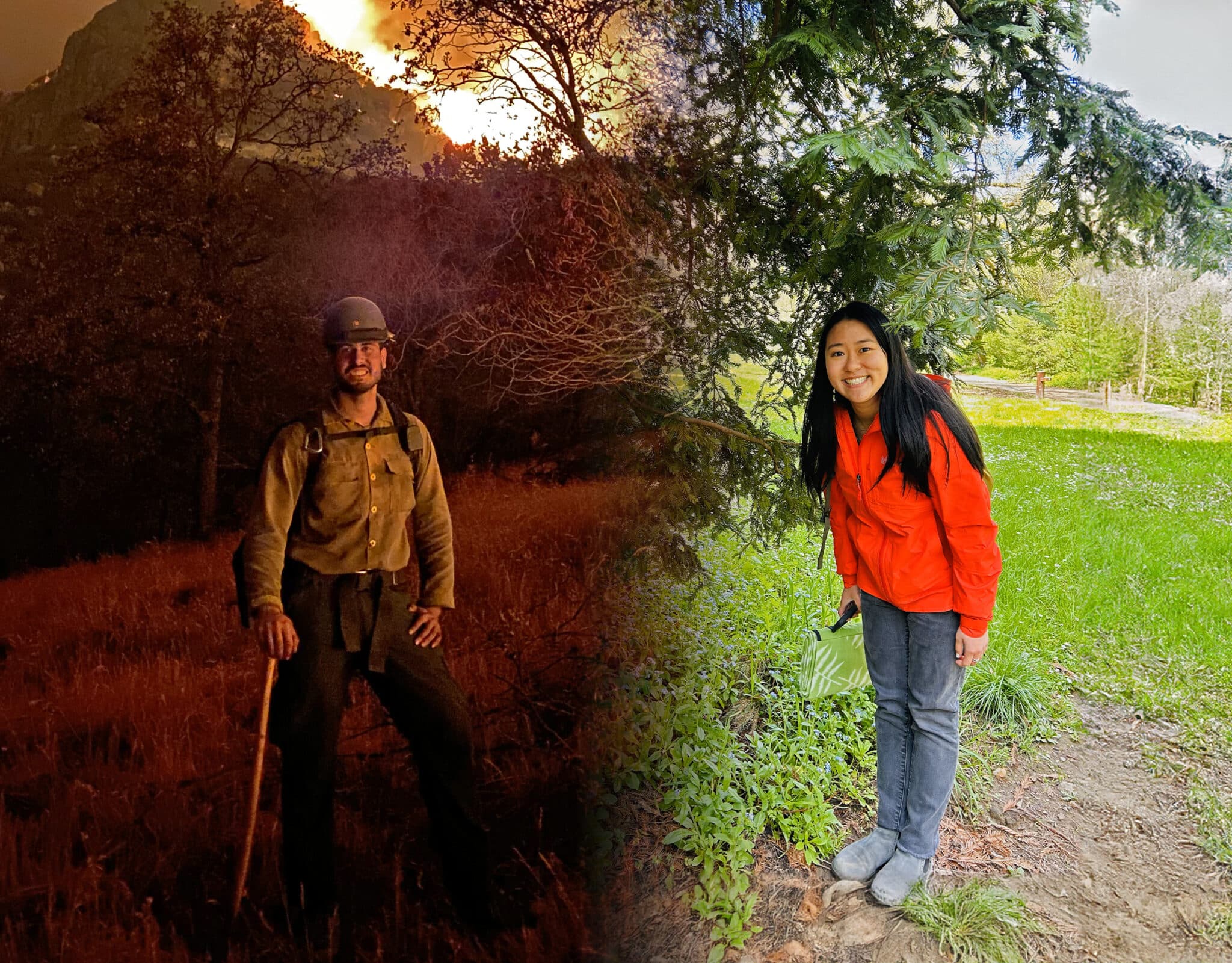 A man on the left is in wildfire fighting gear standing in a burning landscape with an orange and smoky hue. The composition of the image blends with another image of a woman on the right in a green field standing next to a coast redwood. She is wearing a bright red jacket and is smiling.