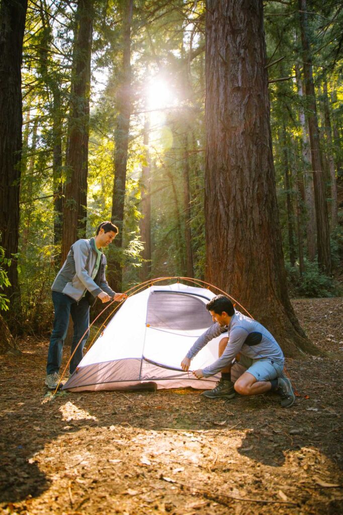two men set up a tent that glows in the sunlight which comes through a canopy of tall trees