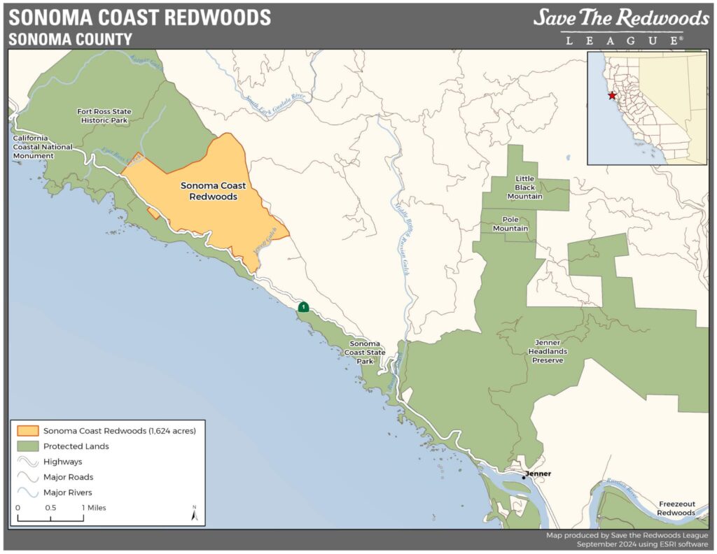 a map of the Californian coastline, specifically featuring the Sonoma Coast Redwoods highlighted in orange, with other protected areas noted in green