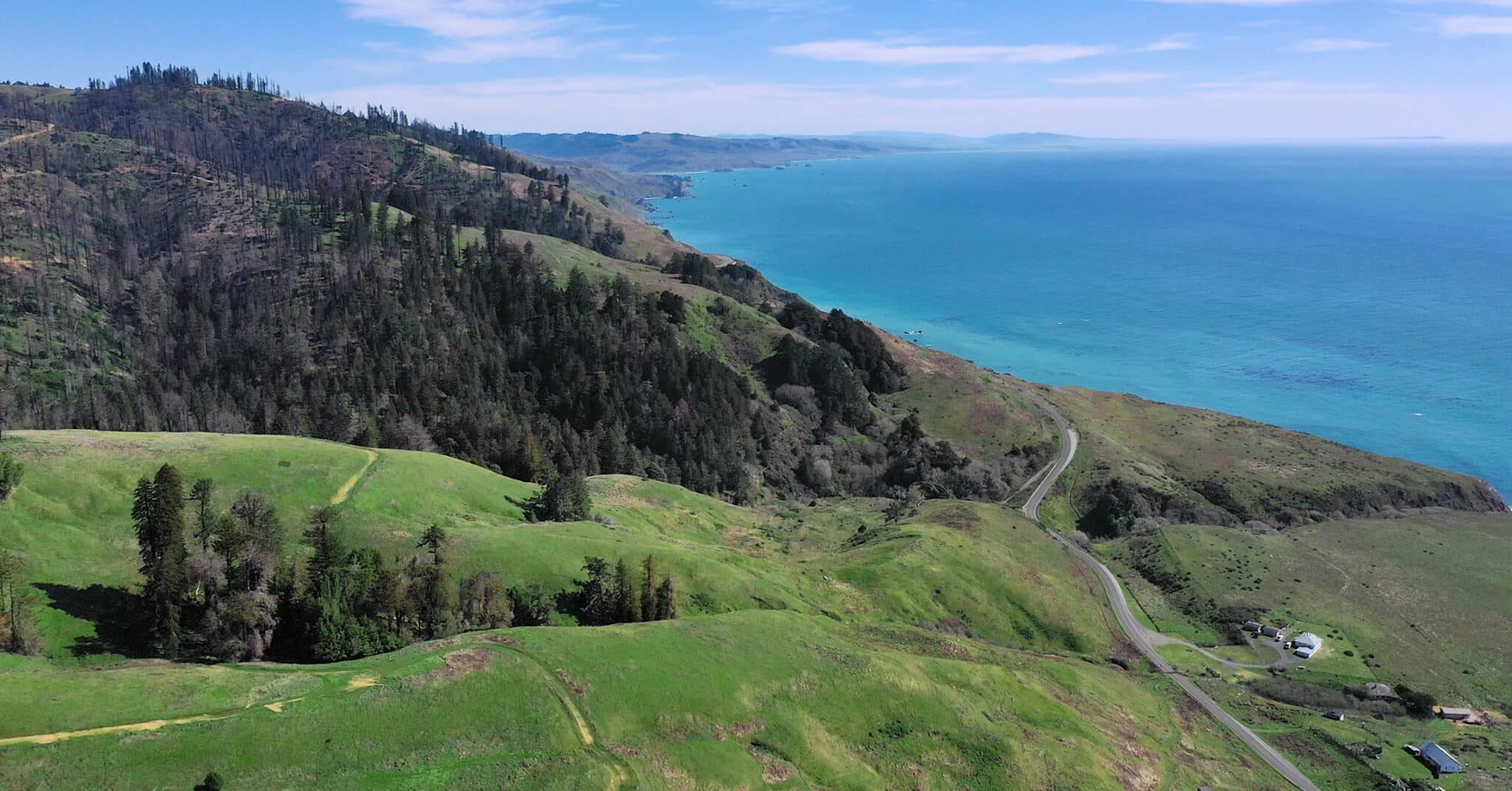 A drone shot of the coastal hills, with forested areas and farmland on one side, overlooking the blue ocean in the background.