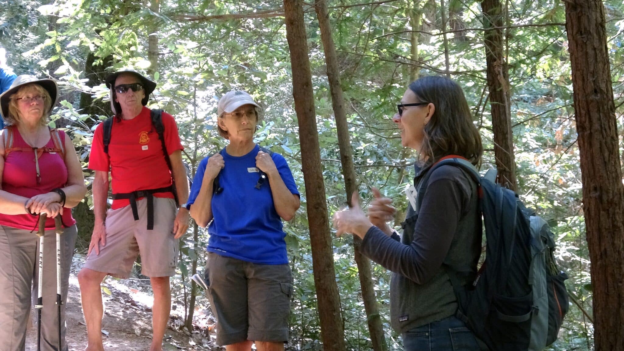 Three people wearing hiking gear look on as a younger woman addresses them in a forest