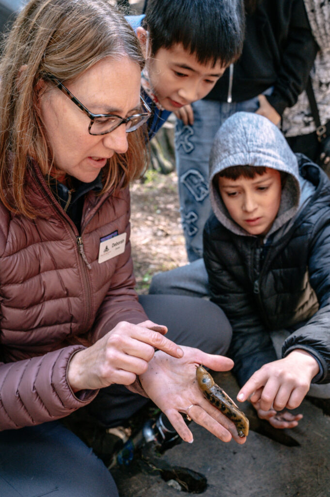 A woman with glasses holds a banana slug in her palm. Two boys reach out toward the slug with interest.
