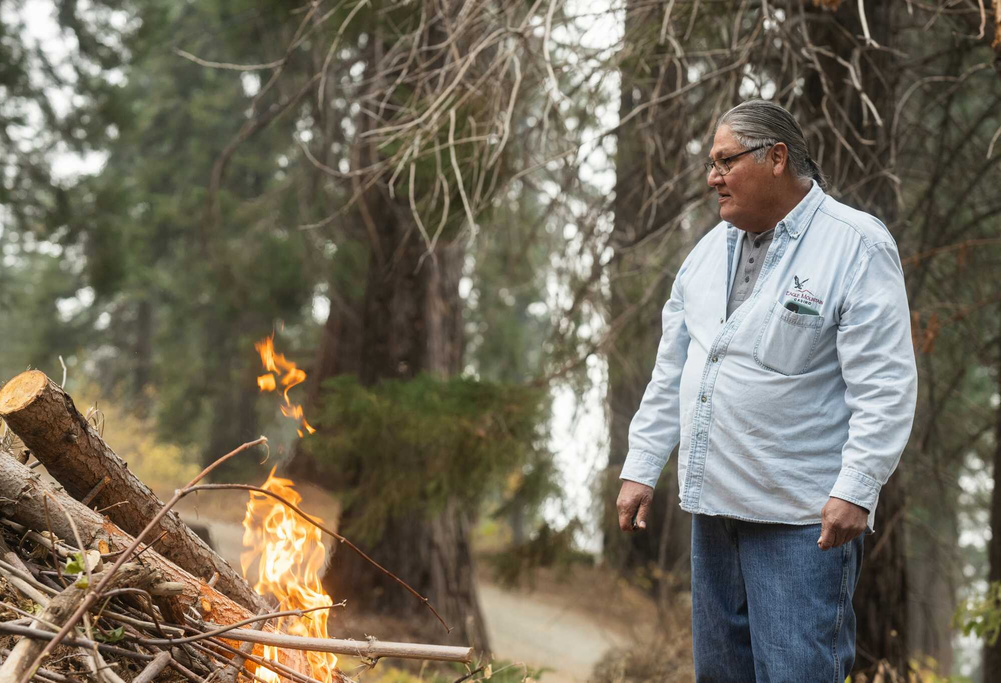 Tree branches burn to the left as a man looks toward the fire