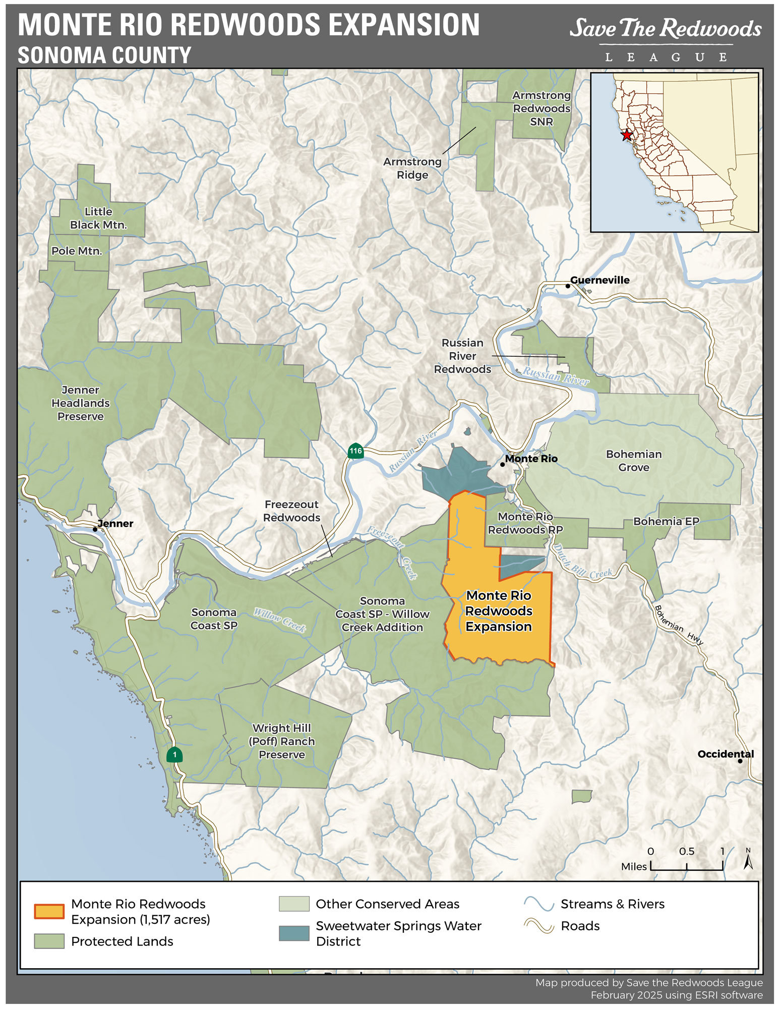 A map of Sonoma county showing protected lands in green and the newly added area in yellow