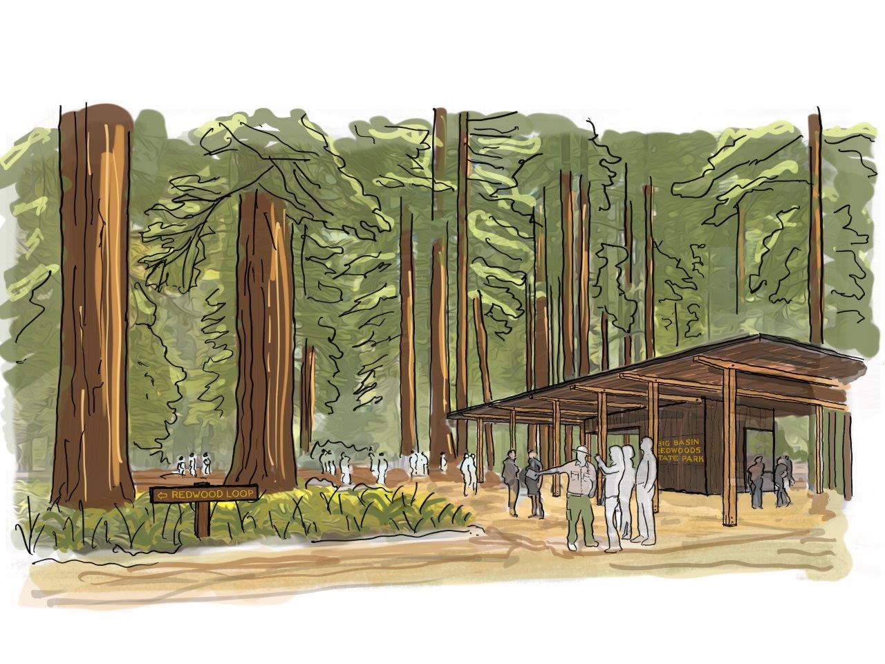 A drawing of a shelter in a forest with people talking
