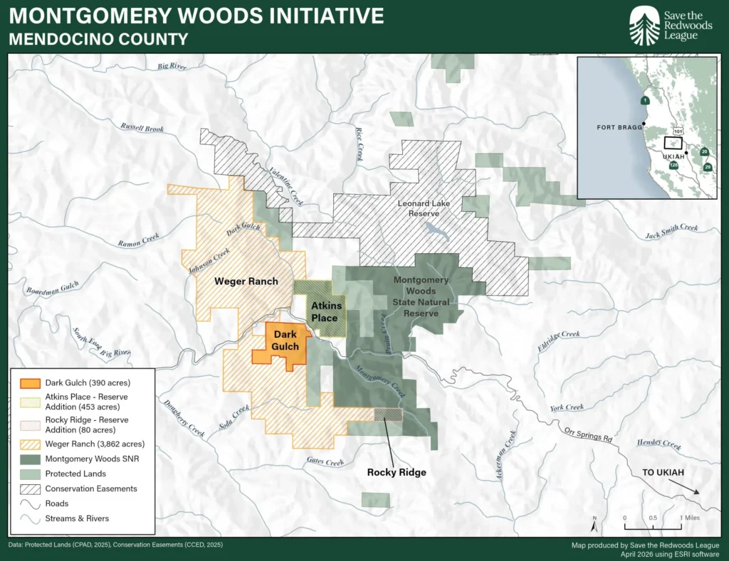 Map of Montgomery Woods Initiative, Atkins Place, Weger Ranch, Dark Gulch, and Rocky Ridge acreage